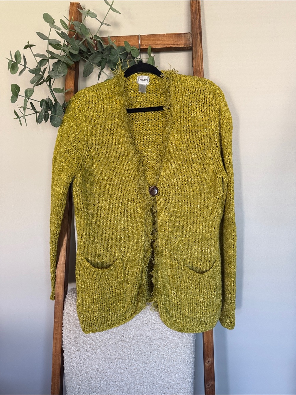 Chenille Button-Front Women's Cardigan Sweater Olive Green with eyelash on edge